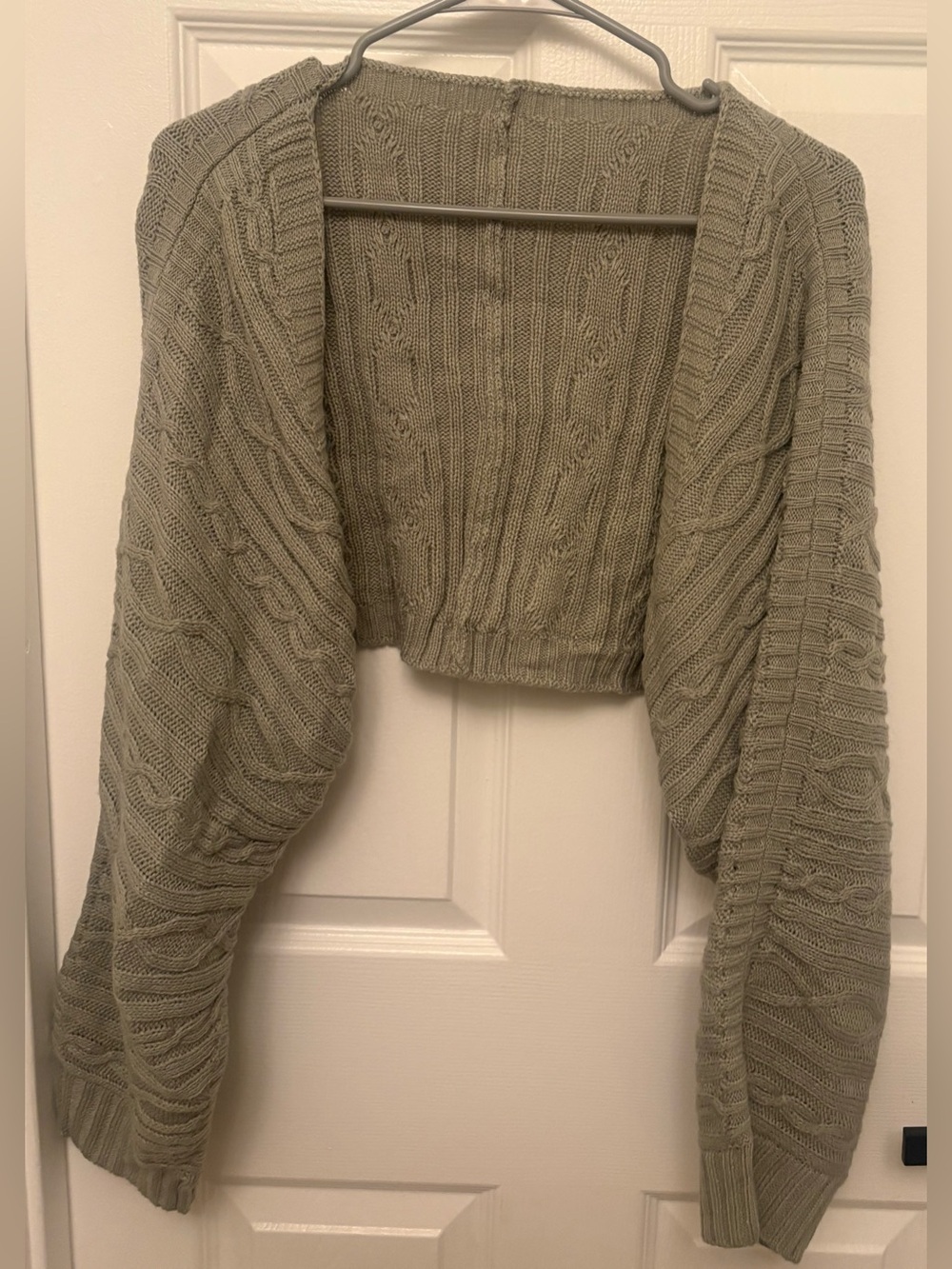 SHEIN Olive Sage Cable Knit Cropped Open-Front Shrug